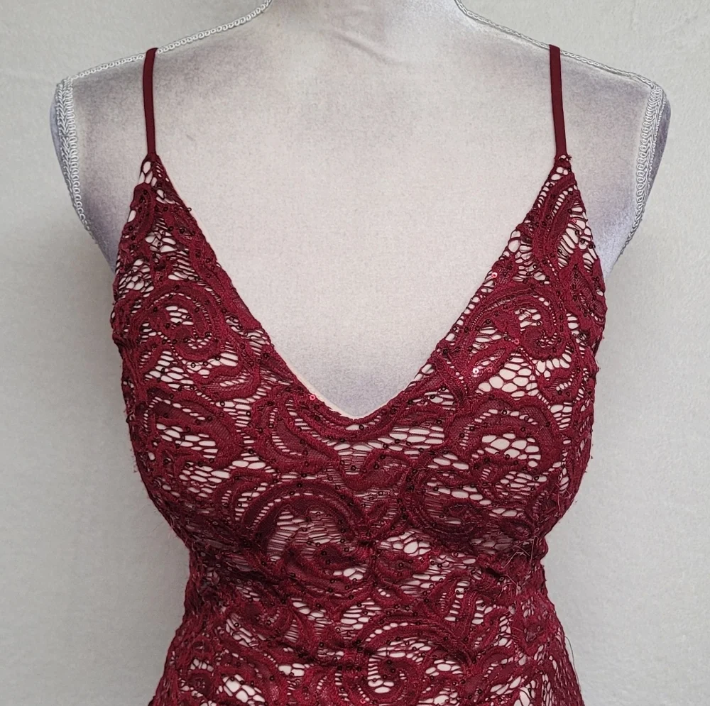 My Michelle Vintage Y2K Crimson Paisley Floral Lace Plunging Neckline Mini Dress